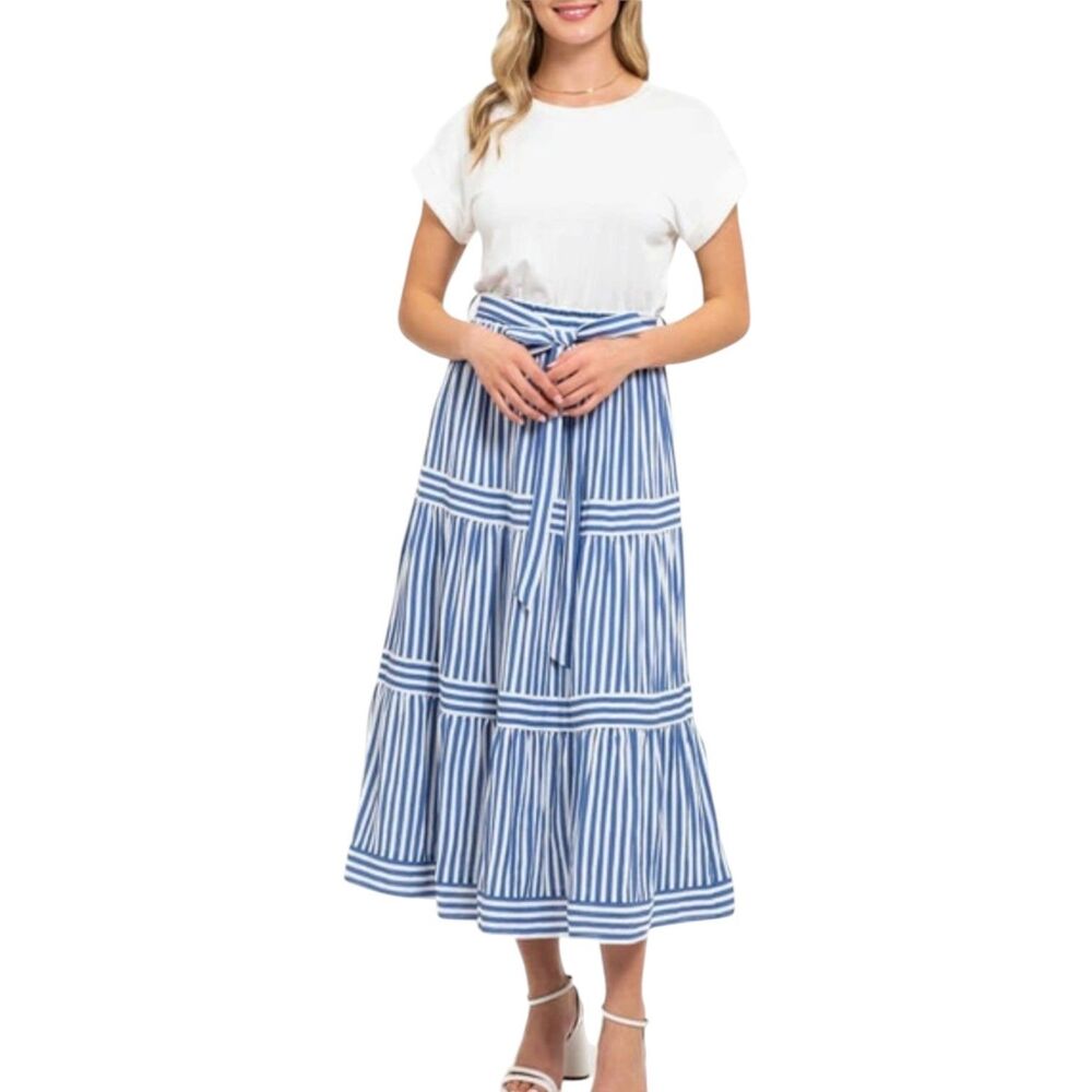 August Sky T Shirt Midi Dress Fit Flare Tiered Dolman Stripe Blue White L